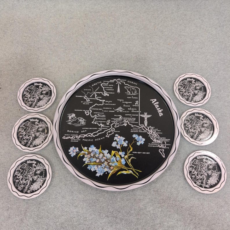 Vintage Alaska State Map Metal Serving Tray and Coaster Set Forget-Me-Not 7pc image 1