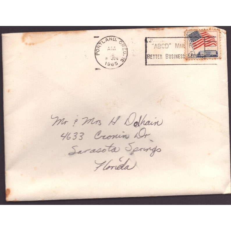 Vintage 1965 Portland Oregon Postmark Envelope 5c Flag Stamp Sarasota Florida image 1