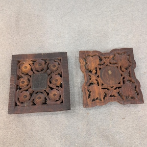Vintage Hand Carved Sheesham Wood Trivet Set 2 Piece Floral Leaf Made in India image 1