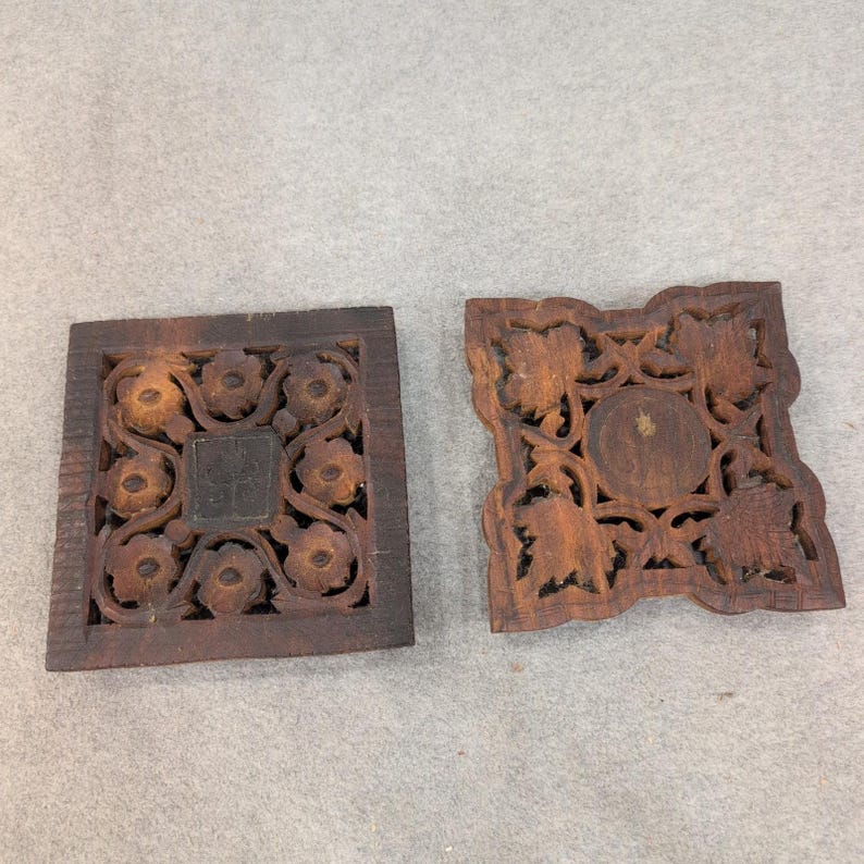 Vintage Hand Carved Sheesham Wood Trivet Set 2 Piece Floral Leaf Made in India image 1