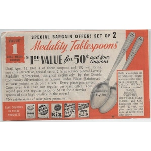 Pubblicità vintage del 1942 per i cucchiai da tavola Oneida Medality con coupon medaglia d'oro. immagine 1