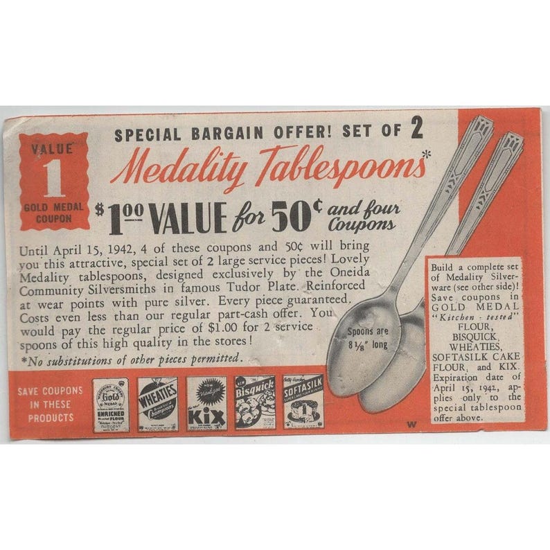 Pubblicità vintage del 1942 per i cucchiai da tavola Oneida Medality con coupon medaglia d'oro. immagine 1