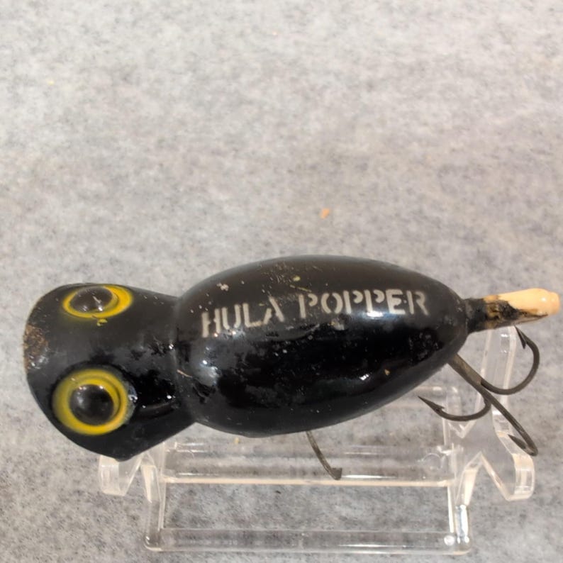 Vintage Fred Arbogast Hula Popper 5/8 oz Black Bass Fiskedrag med Ask bild 5