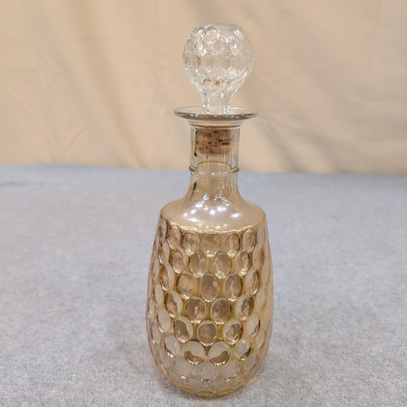 Vintage Amber Iridescent Glass Decanter Thumbprint Pattern with Stopper Cork image 4