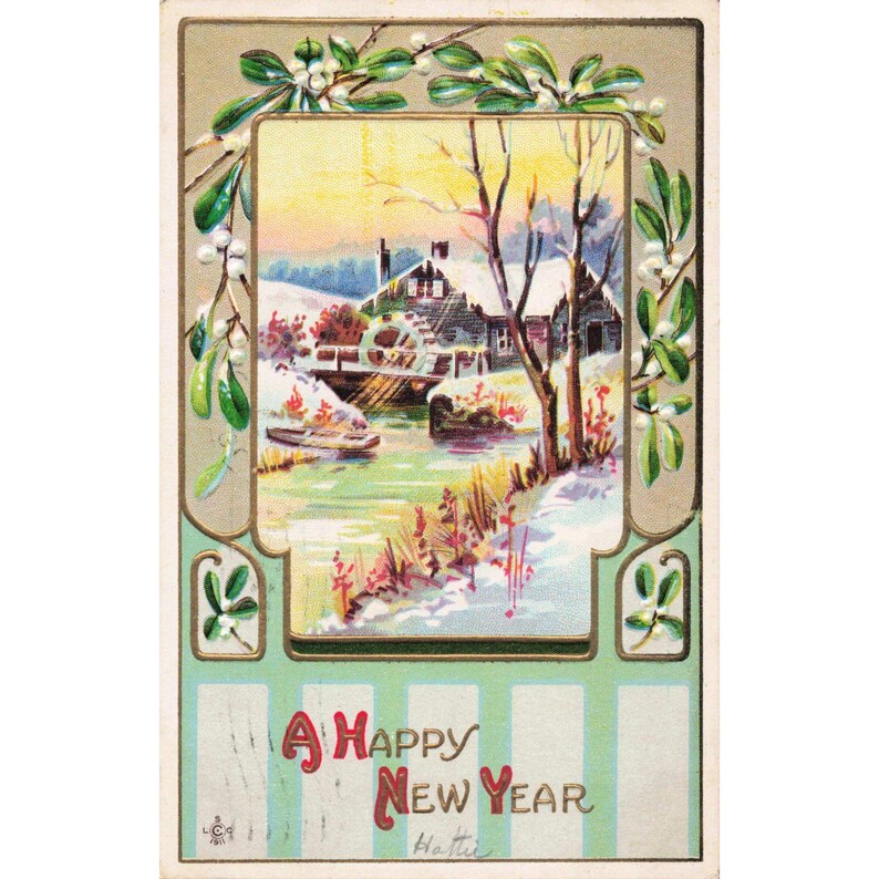 Vintage 1911 Happy New Year Postcard Embossed Water Mill Mistletoe 1c Stamp VG image 1