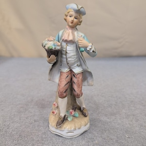 Vintage Hand Painted Porcelain Colonial Man Figurine with Flower Basket Blue image 1