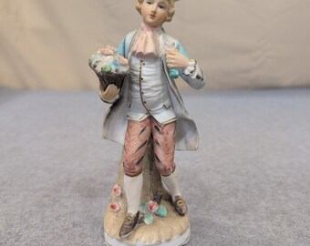 Vintage Hand Painted Porcelain Colonial Man Figurine with Flower Basket Blue