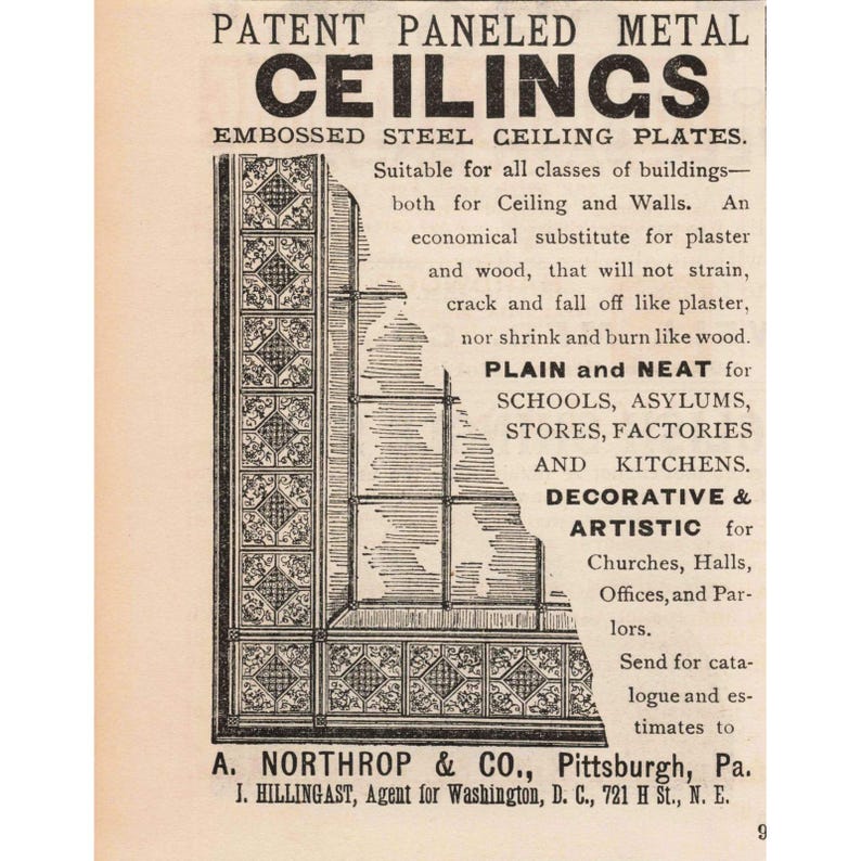 1891 Vintage Patent Paneled Metal Ceilings Embossed Steel Ceiling Print Ad image 1