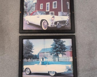 Vintage Ford Thunderbird Framed Car Prints Set of 2 White Convertible Wall Art