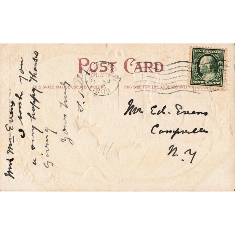 Tarjeta postal de felicitación de Acción de Gracias de 1909, serie n.° 3 con estampado de pavo y calabaza. imagen 2