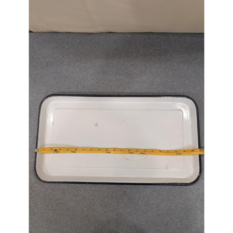 Vintage White Enameled Medical Sterilizing Tray Black Rim Industrial 21" × 11" image 2