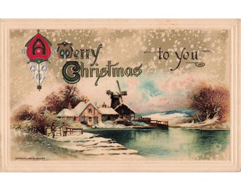 1910年 ヴィンテージ ジョン・ウィンシュ メリークリスマス ポストカード 冬景色 風車 ドイツ