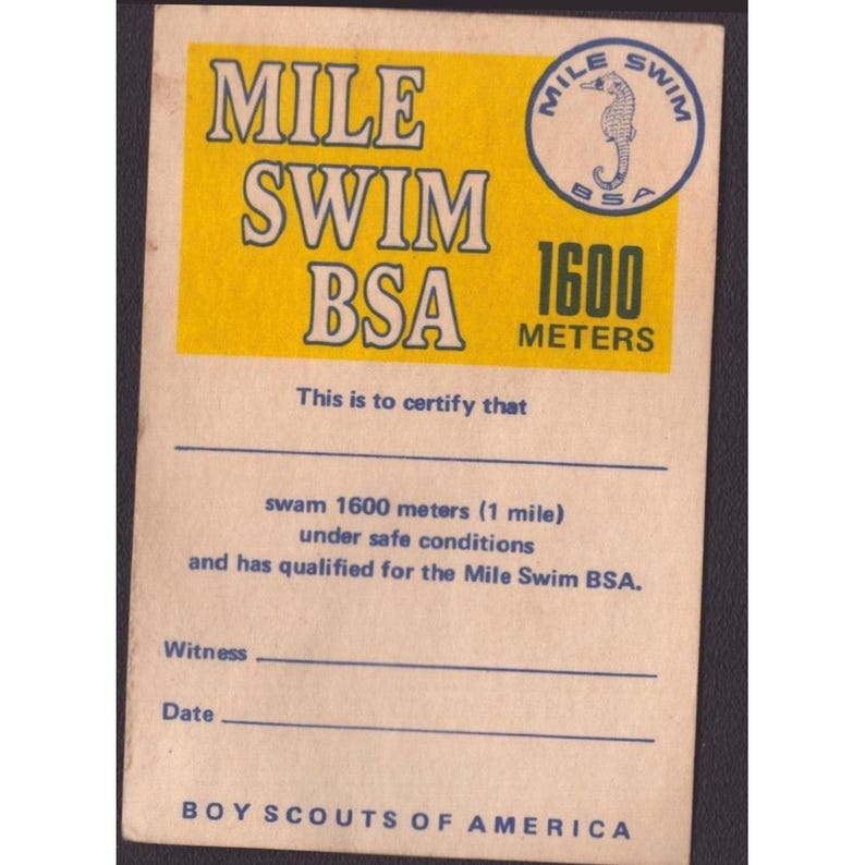 Vintage Boy Scouts of America Mile Swim BSA 1600 Meters Certificate Card No 4246 image 1