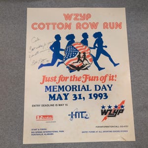Vtg Signed Bill Rodgers '93 WZYP Cotton Row Run Poster US Olympian Huntsville AL image 1