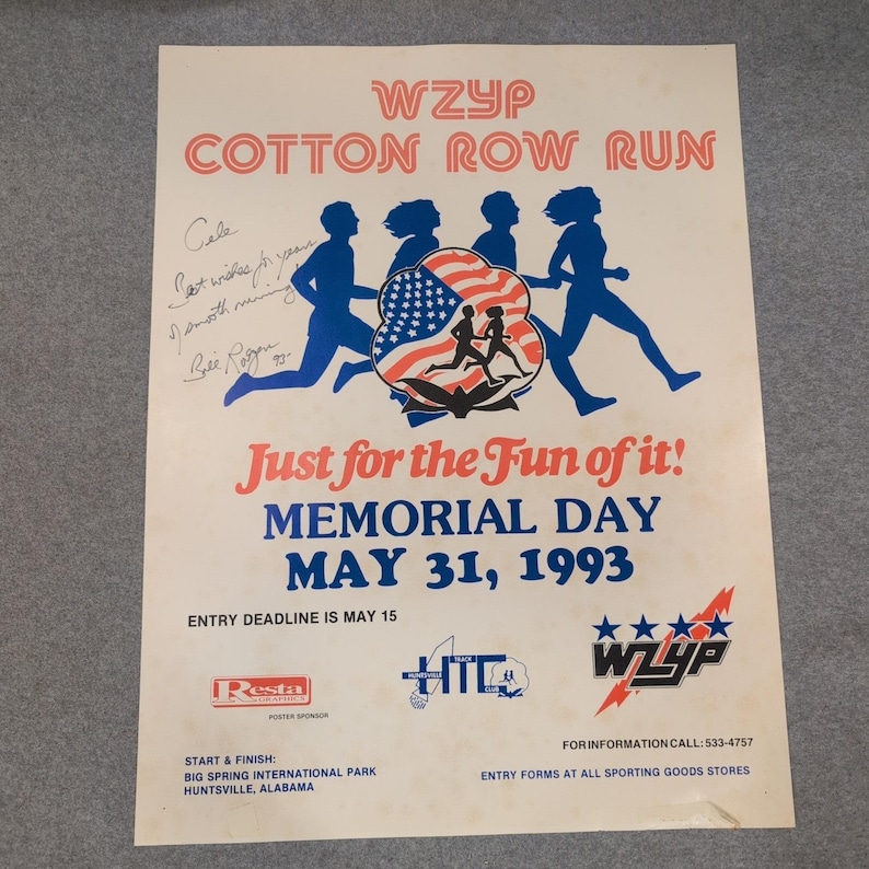 Vtg Signed Bill Rodgers '93 WZYP Cotton Row Run Poster US Olympian Huntsville AL image 1