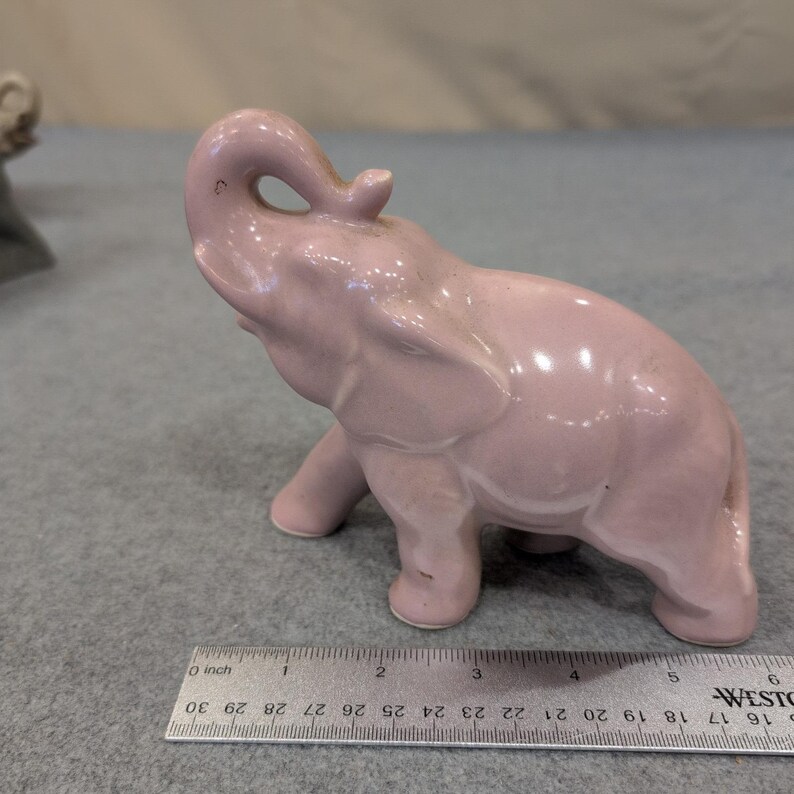 Vintage Pink Ceramic Elephant Figurine Trunk Up Good Luck Glossy Pottery Decor image 3