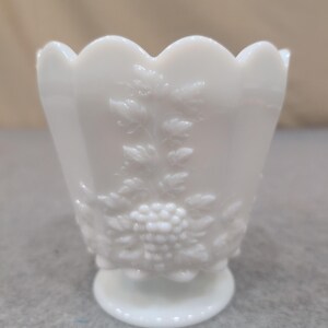 Vintage White Milk Glass Paneled Grape Footed Vase Scalloped Rim image 2