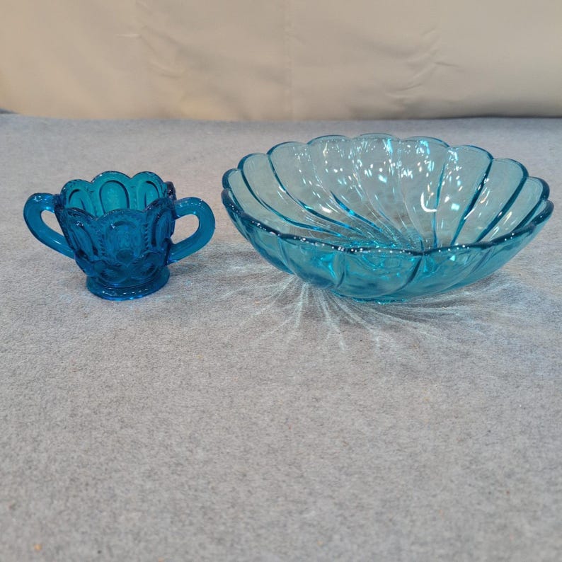 Vintage Blue Glassware Set Moon and Star Sugar Bowl & Scalloped Swirl Bowl Aqua image 1