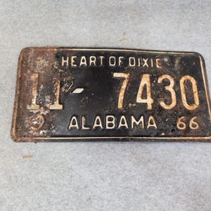 Vintage 1966 Alabama License Plate Heart of Dixie Black White 11-7430 image 1