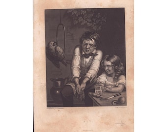 Antieke mezzotintgravure Bit TH Matteson HS Sadd Parrot Boy Girl 19e eeuw