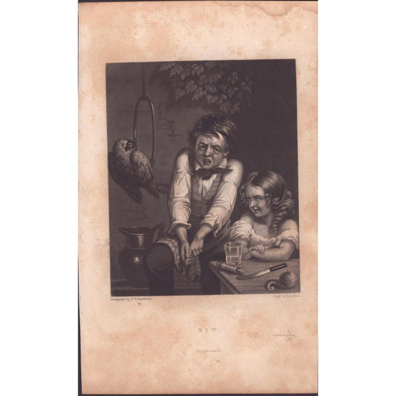 Grabado antiguo en mezzotinta de TH Matteson HS Sadd, niño y niña con loro, siglo XIX. imagen 1