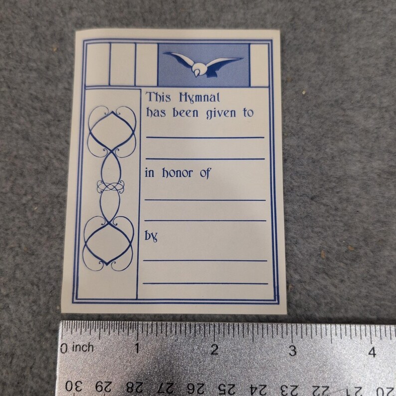 Vintage Blank Blue Dove Hymnal Dedication Bookplate Label Unused Cream Paper image 2