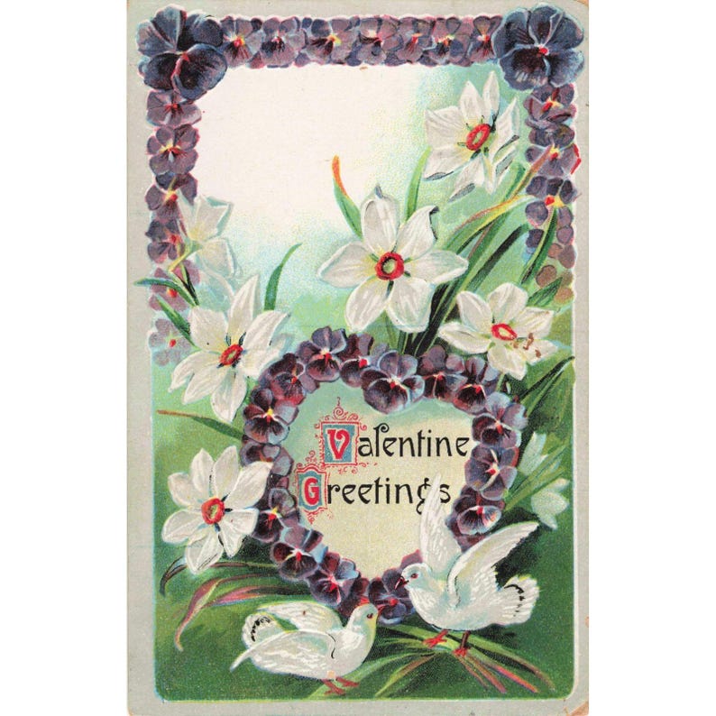 Antieke Valentijnskaart uit 1912, RPPC, reliëf met viooltjes en duiven, Saksen. afbeelding 1