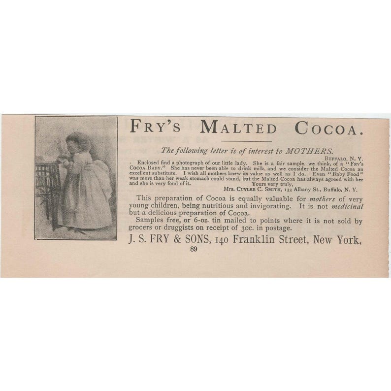 Antike Werbeanzeige für Frys Malted Cocoa von J. S. Fry & Sons, New York, aus dem Jahr 1891 (sehr guter Zustand). Bild 1