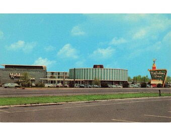 Carte postale vintage de l'hôtel Holiday Inn East à Indianapolis, Indiana. Panneau de style moderne du milieu du siècle.