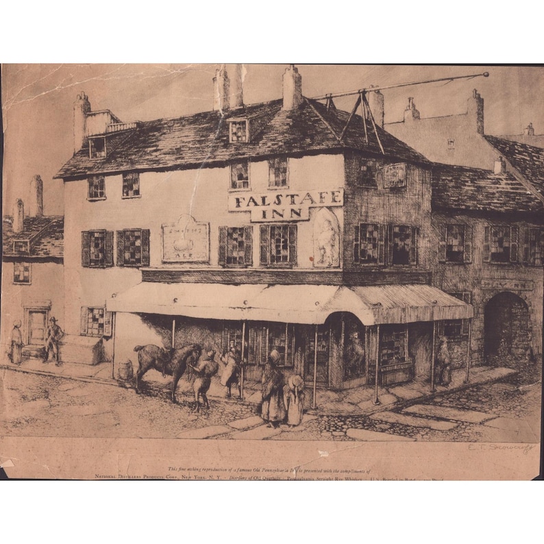 Vintage E.T. Scowcroft Falstaff Inn Ets National Distillers Old Overholt Art afbeelding 1