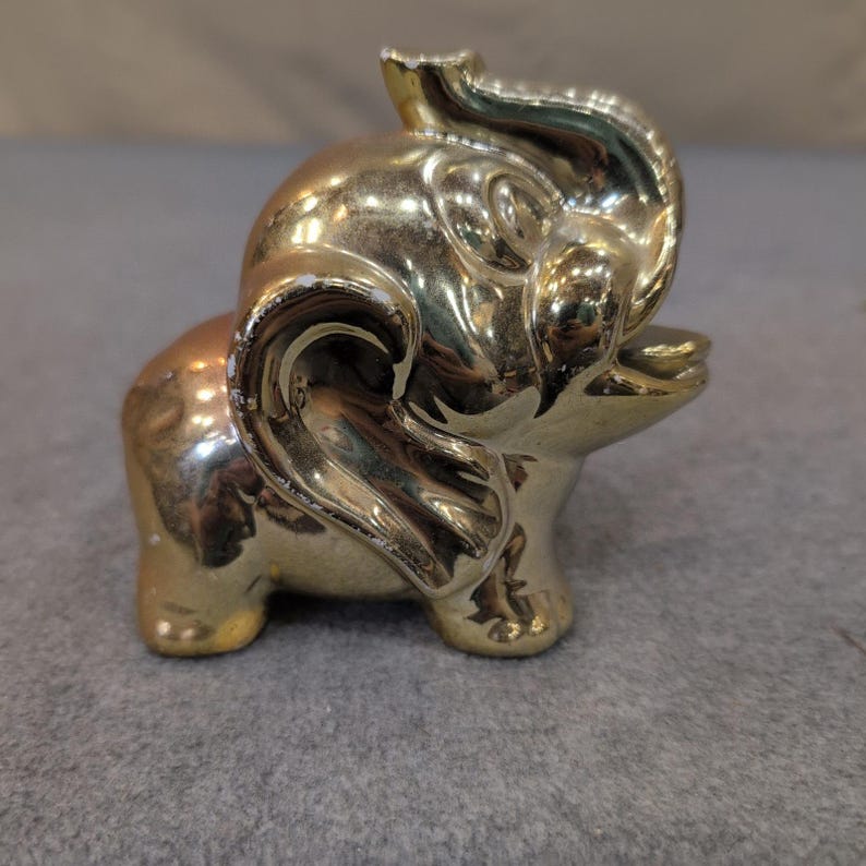 Vintage Gold Ceramic Elephant Ashtray Figurine Trunk Up Made in Japan image 1