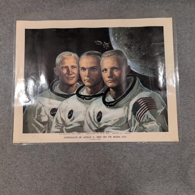 Vtg 1969 Apollo 11 Astronauts First On The Moon Alton S Tobey Print Laminated image 1