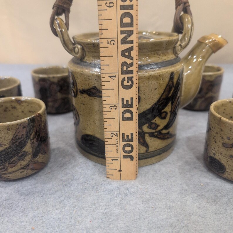 Servizio da tè vintage in ceramica dipinta a mano, teiera per 6 tazze, motivo uccelli, fiori, macchie, color beige immagine 11