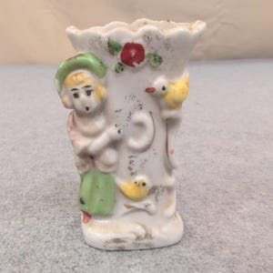 Vintage Ceramic Bud Vase Girl with Birds Made in Japan White Green Yellow image 1