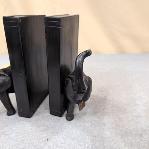 Vintage Hand Carved Wooden Elephant Bookends Dark Wood Broken Leg image 5