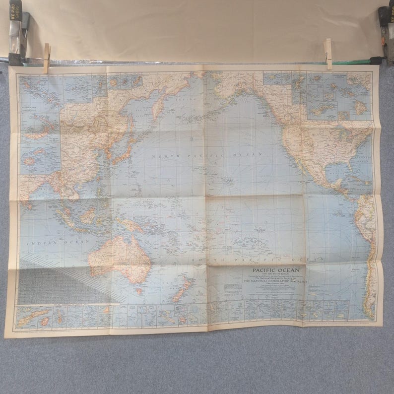 Vintage 1943 National Geographic Pacific Ocean Bay of Bengal Map 36x26 WWII Era image 1
