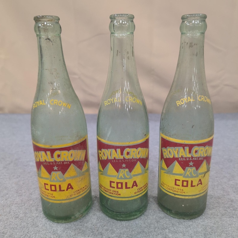 3 Vtg Royal Crown RC Cola Pyramid Glass Bottles Chattanooga Montgomery Bowling G image 1