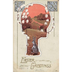 Vintage 1910 Easter Greetings Postcard Embossed Rabbit Pussy Willow Owego NY 386 image 1