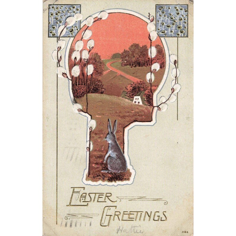 Vintage 1910 Easter Greetings Postcard Embossed Rabbit Pussy Willow Owego NY 386 image 1