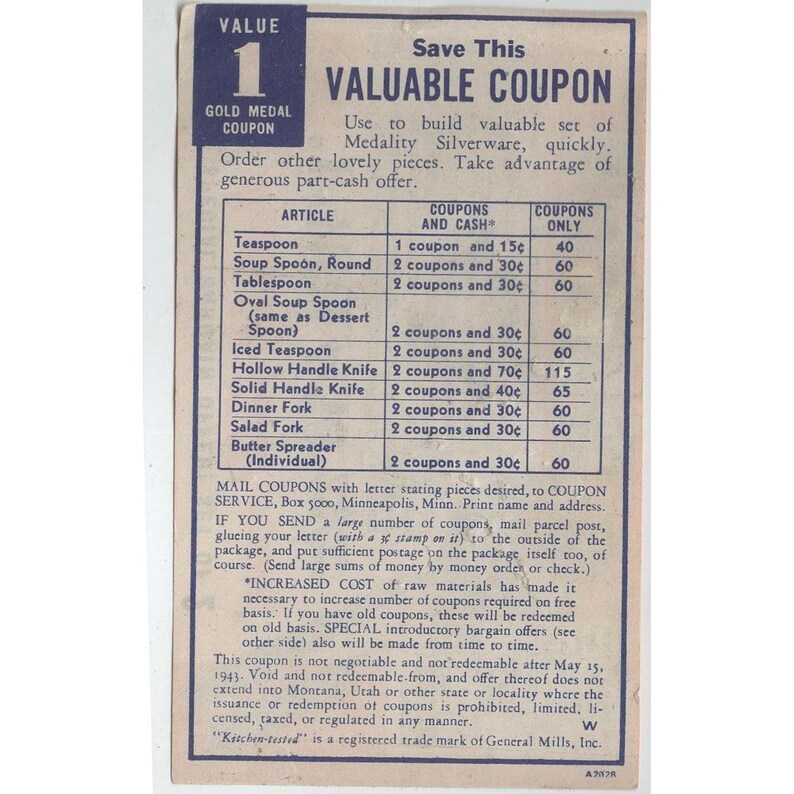 Pubblicità vintage del 1942 per i cucchiai da tavola Oneida Medality con coupon medaglia d'oro. immagine 2
