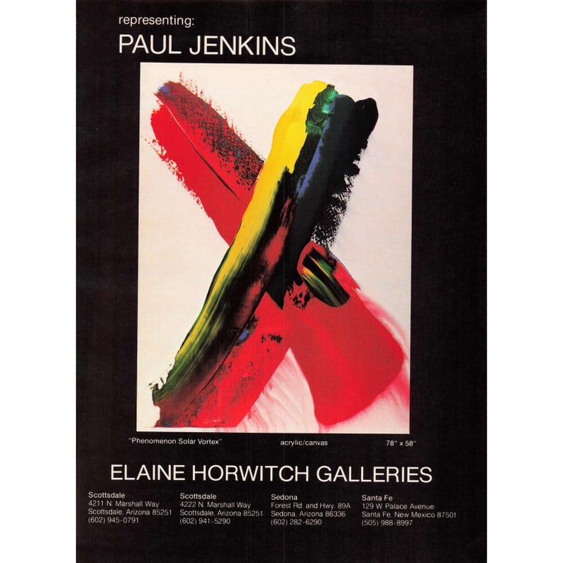 Anuncio impreso vintage de Paul Jenkins y Elaine Horwitch Galleries: Fenómeno del vórtice solar. imagen 1