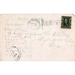 Postal antigua de San Valentín de 1908 con querubín y corazón en relieve dorado, sello de Sheboygan, Wisconsin. imagen 2