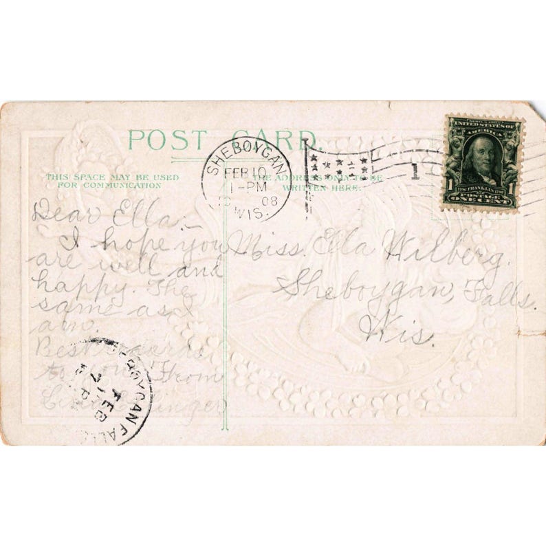 Postal antigua de San Valentín de 1908 con querubín y corazón en relieve dorado, sello de Sheboygan, Wisconsin. imagen 2