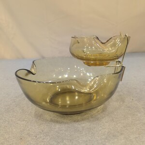 Vintage MCM Smoked Olive Green Glass Ruffled Chip and Dip Set with Metal Bracket image 1