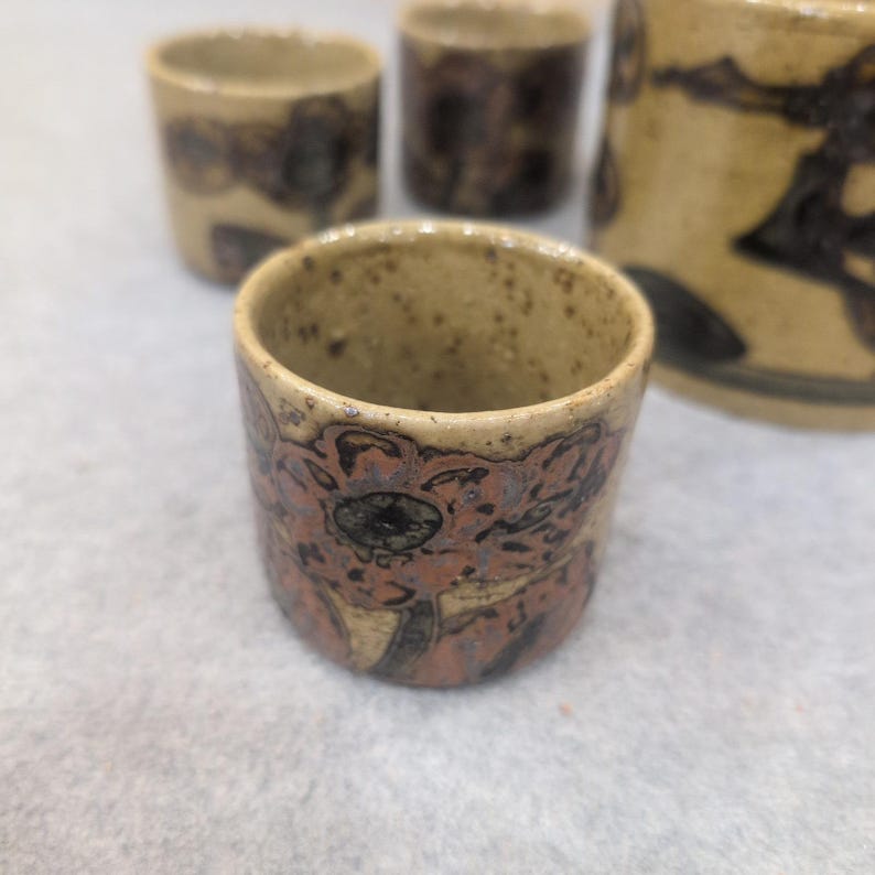 Servizio da tè vintage in ceramica dipinta a mano, teiera per 6 tazze, motivo uccelli, fiori, macchie, color beige immagine 5