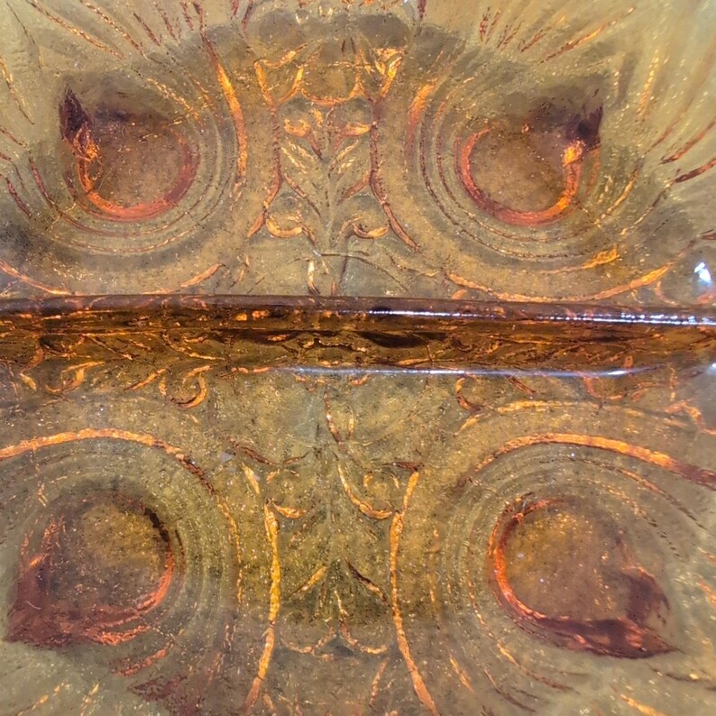Vintage Amber Glass Divided Relish Dish Peacock Eye Pattern Tab Handle Serving image 4