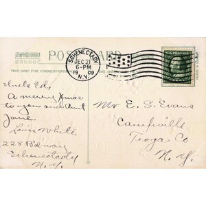 Vintage 1909 Christmas Postcard Embossed Holly Gold Bells Schenectady NY Germany image 2