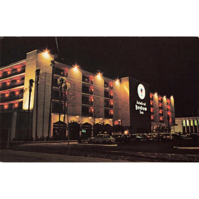 Vintage Admiral Benbow Inn Postcard Tampa Florida Night View 1977 Postmark image 1