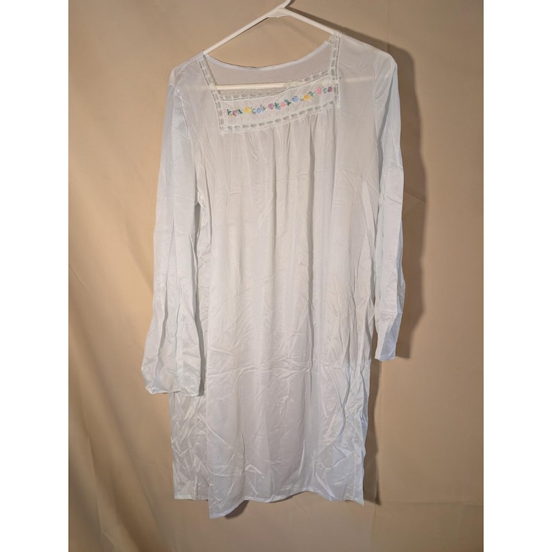 Vintage Light Blue Nightgown Long Sleeve Floral Embroidered Lace Trim Flaw image 1