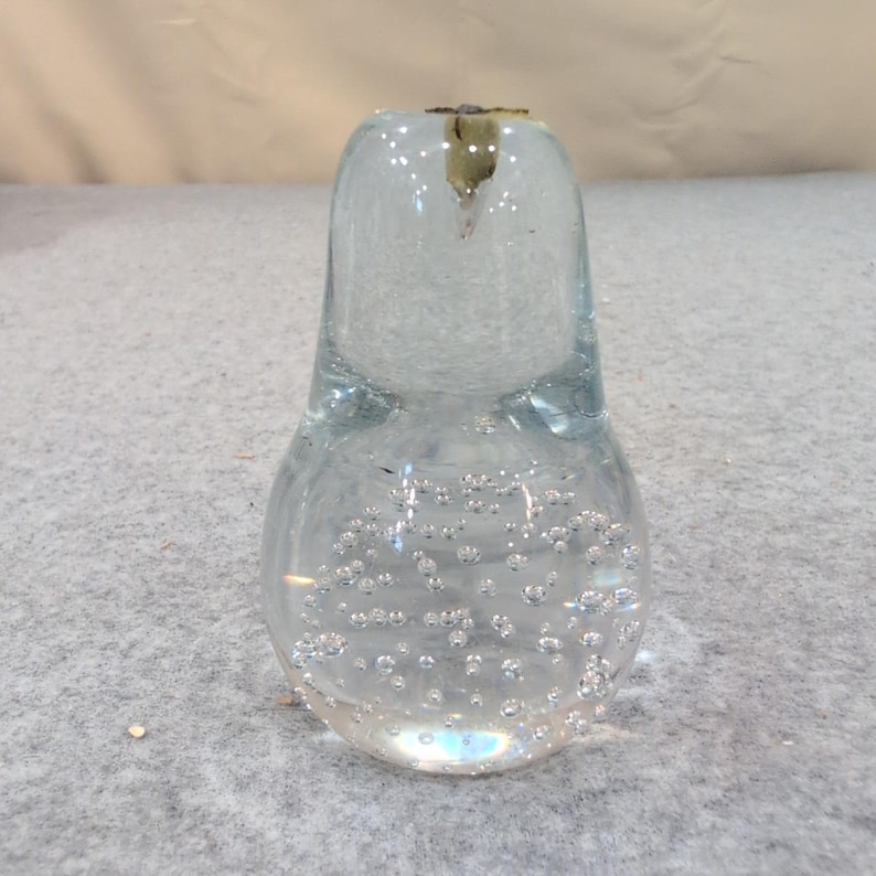 Vintage Clear Controlled Bubble Art Glass Pear Paperweight Metal Stem Figurine image 1